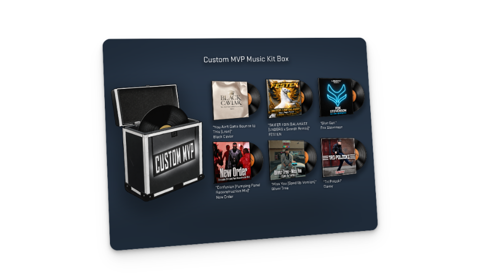 Custom MVP Music Kit Box mockup with selected MVP music tracks.