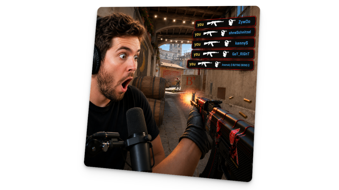 Killfeed Generator mockup with a vertical stream creator and CS2 killfeed overlay.