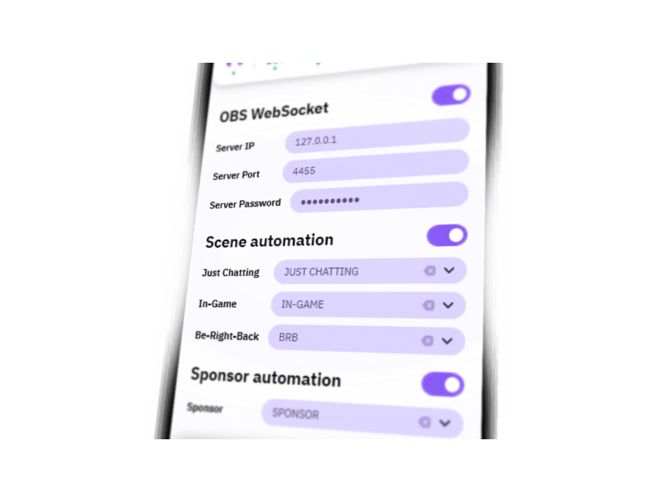 CS Companion OBS WebSocket view with scene and sponsor automation settings.