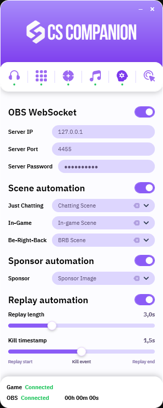 CS Companion OBS automation view with Replay automation enabled.